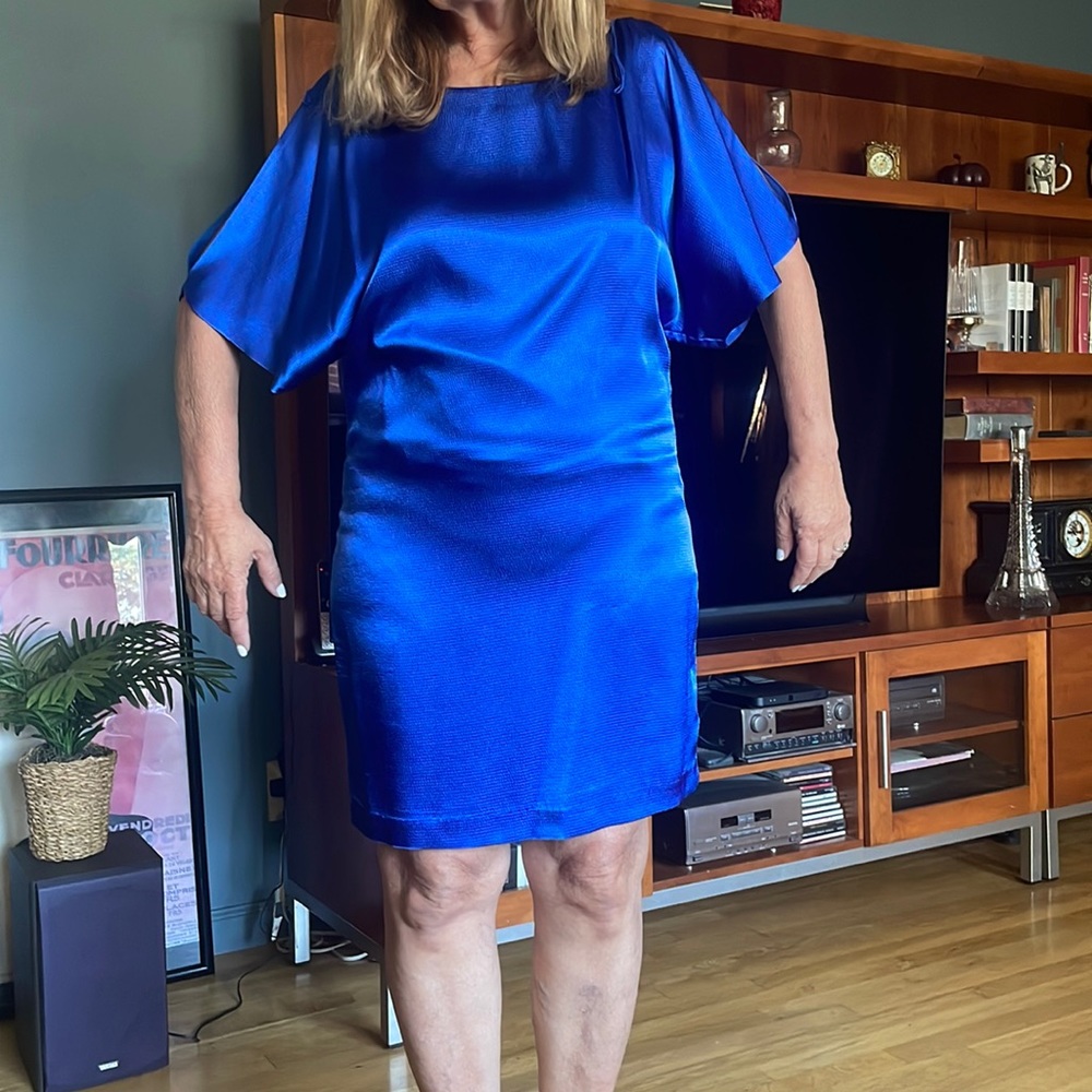 SATIN BLUE GORGEOUS OPEN SLEEVE COCKTAIL DRESS